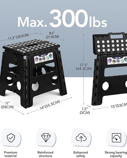Delxo Folding Step Stool, 13 inch Non-Slip Foldable Stools for Kids & Adults Up to 300 LBS, Step Stool with Handle, Lightweight for Kitchen, Bathroom, Bedroom, Garden, Black, 1PC - LeafyLoom