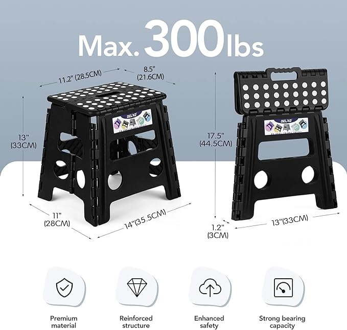 Delxo Folding Step Stool, 13 inch Non-Slip Foldable Stools for Kids & Adults Up to 300 LBS, Step Stool with Handle, Lightweight for Kitchen, Bathroom, Bedroom, Garden, Black, 1PC - LeafyLoom