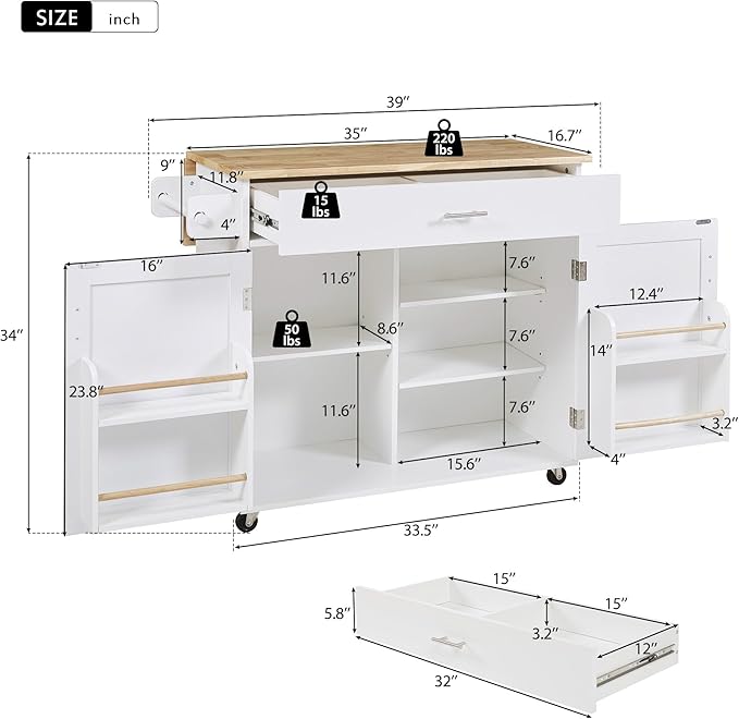 Kitchen Island with Storage, Rolling Table on Wheels w/Divider, Internal Canibet Rack, Adjustable Shelf Tower Rack for Dinning Room, Rubber Wood Contertop - LeafyLoom