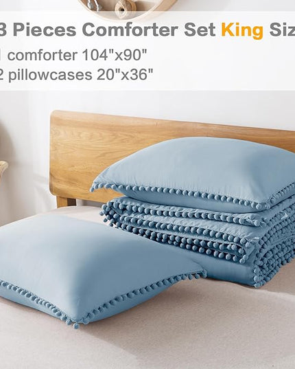 Litanika King Size Comforter Set Grey Blue,3 Pieces Grey Blue Boho Pom Pom Lightweight Bed Comforter, All Season Soft Solid Color Bedding Comforter Sets (1 Comforter 104x90 Inch, 2 Pillowcases) - LeafyLoom
