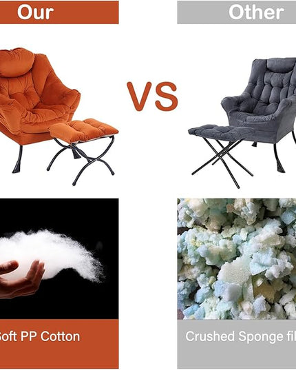 LITA Lazy Chair with Ottoman, Modern Lounge Accent Chair with Armrests and a Side Pocket, Leisure Upholstered Sofa Chair Set, Reading Chair with Footrest for Small Space, Corner Chair,Orange - LeafyLoom