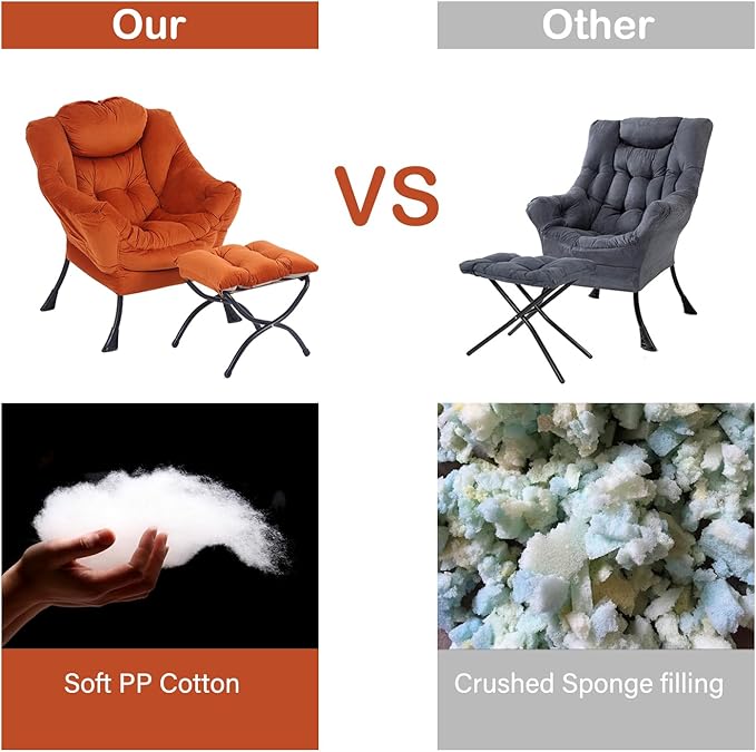 LITA Lazy Chair with Ottoman, Modern Lounge Accent Chair with Armrests and a Side Pocket, Leisure Upholstered Sofa Chair Set, Reading Chair with Footrest for Small Space, Corner Chair,Orange - LeafyLoom