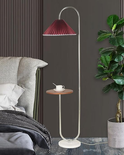 Modern Elegant with Tray Floor Lamp for Office Cafe Den Living Room Bedroom, Foot Switch and Chrome Finish,Red Pleated Cloth Lampshade - LeafyLoom
