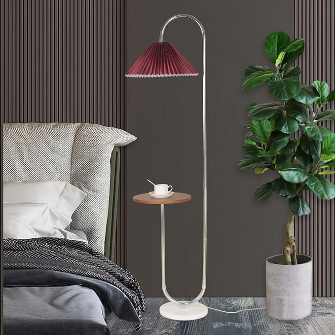 Modern Elegant with Tray Floor Lamp for Office Cafe Den Living Room Bedroom, Foot Switch and Chrome Finish,Red Pleated Cloth Lampshade - LeafyLoom