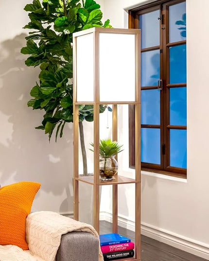 Brightech Maxwell - Modern Shelf Floor Lamp with Lamp Shade and LED Bulb - Corner Display Floor Lamps with Shelves for Living Room, Bedroom and Office - Natural Wood - LeafyLoom