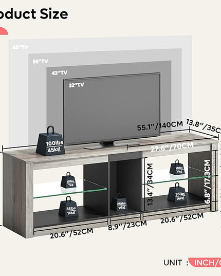Bestier RGB TV Stand for 65+ Gaming Entertainment Center Gaming LED TV Media Console Table with 2 Glass Shelf PS Gaming TV Cabinet for Living Room,Retro Gray - LeafyLoom