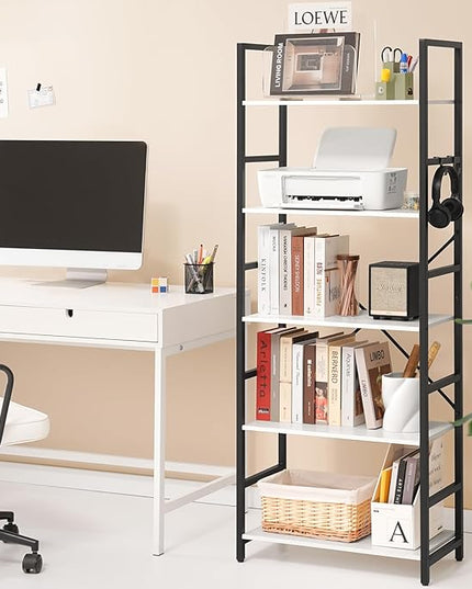 Yoobure 5 Tier Bookshelf - Tall Book Shelf Modern Bookcase for CDs/Movies/Books, Rustic Book Case Industrial Bookshelves Book Storage Organizer for Bedroom Home Office Living Room White - LeafyLoom