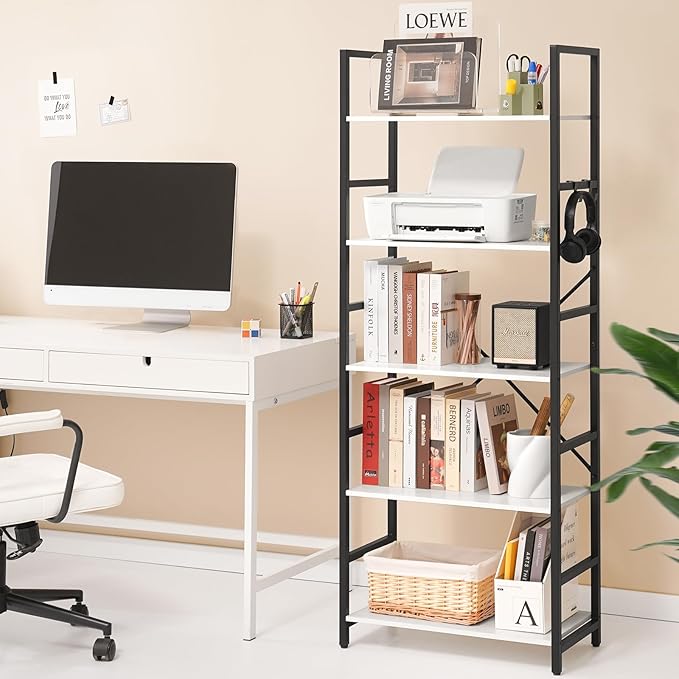 Yoobure 5 Tier Bookshelf - Tall Book Shelf Modern Bookcase for CDs/Movies/Books, Rustic Book Case Industrial Bookshelves Book Storage Organizer for Bedroom Home Office Living Room White - LeafyLoom