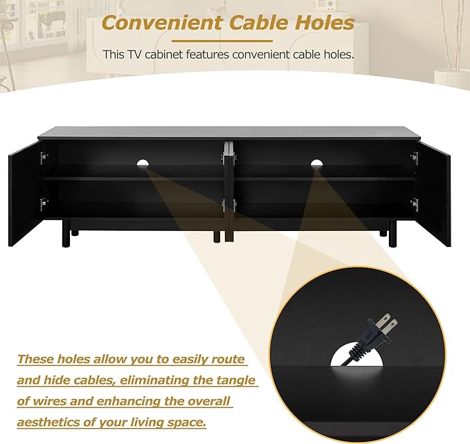 Merax Graceful TV Stand with Arch Cabinets for Televisions Up to 78'', Minimalist Entertainment Center with Solid Wood Legs and Adjustable Shelves, Practical Media Console for Living Room, Black - LeafyLoom