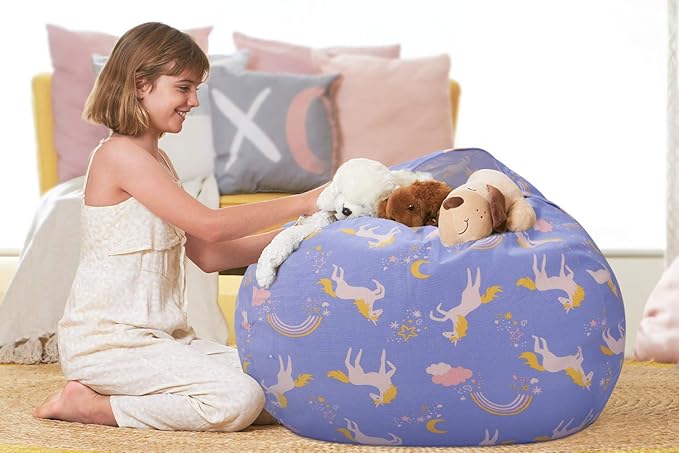 Aubliss Stuffed Animal Bean Bag Storage Chair (Light Blue Unicorn, Large (38'')) - LeafyLoom