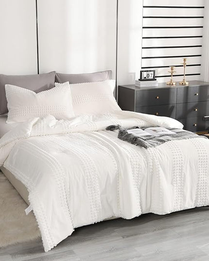 ENJOHOS Girls Queen Comforter Bedding Set White, 3 PCS Boho Comforter with Tufted Dots, Shabby Chic Bedding Comforter for All Season, Lightweight Fluffy Microfiber Comforter with 2 Pillowcases - LeafyLoom