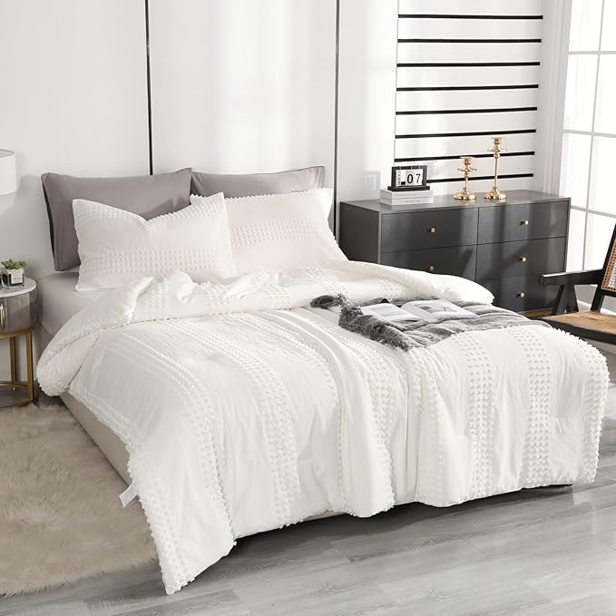 ENJOHOS White Full Size Comforter Bedding Set, 3 PCS Boho Comforter with Tufted Dots, Shabby Chic Bedding Comforter for All Season, Lightweight Fluffy Microfiber Comforter with 2 Pillowcases - LeafyLoom