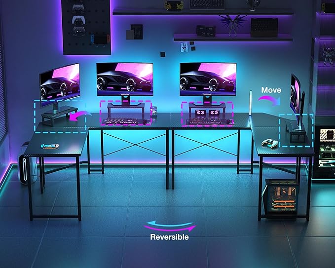 Casaottima L Shaped Gaming Desk with Monitor Stand, Corner Desk Gaming Table for Home Office, Computer Desk Sturdy Writing Workstation for Small Space, 51 inch, Carbon Fiber Surface, Black - LeafyLoom