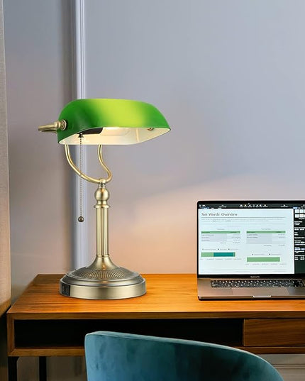 Newrays Green Glass Bankers Desk Lamp with Pull Chain Switch Plug in Fixture,USB Fast Charging Port - LeafyLoom