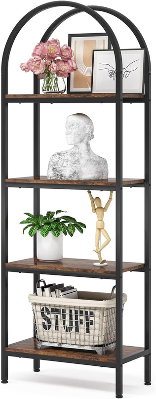 4-tier Arched Bookshelf, Tall Open Bookcase Storage Shelves, Wood Metal Freestanding Display Rack Tall Shelving Unit for Home Office, Bedroom, Living Room, Rustic Brown - LeafyLoom