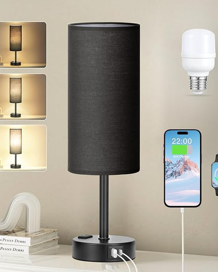 Black Bedroom Lamp for Nightstand - 3 Way Dimmable Bedside Lamp USB C A Charging Ports and AC Outlet, Small Table Lamp Black Base for Living Room, Office Desk, LED Bulb Included - LeafyLoom