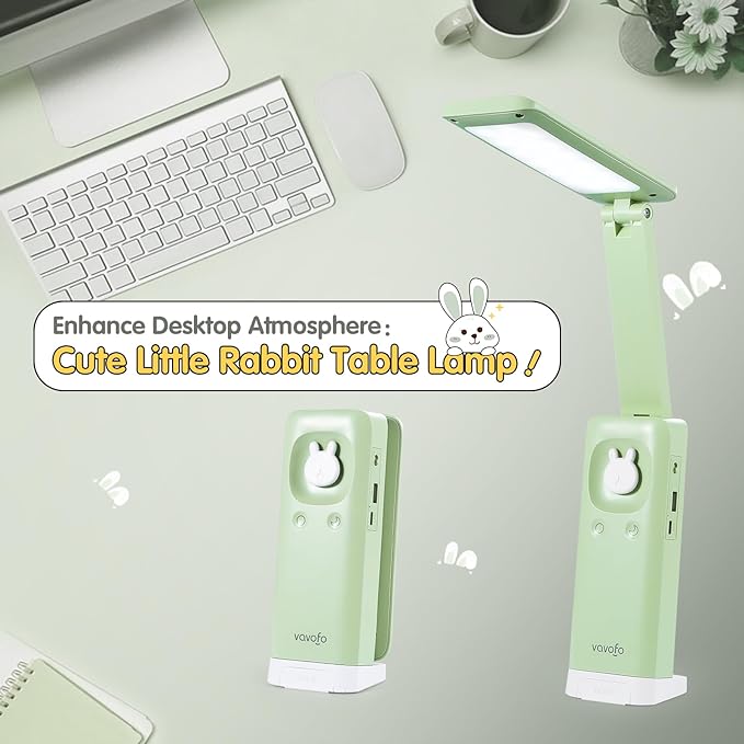 VAVOFO Cordless Desk Lamp, 6000mAh Battery Powered Desk Lamp, Foldable Desk Lamp, Three Color Temperatures, USB C Rechargeable Desk Lamp, Ideal Cute Desk Accessory for Students and Home Offices - LeafyLoom