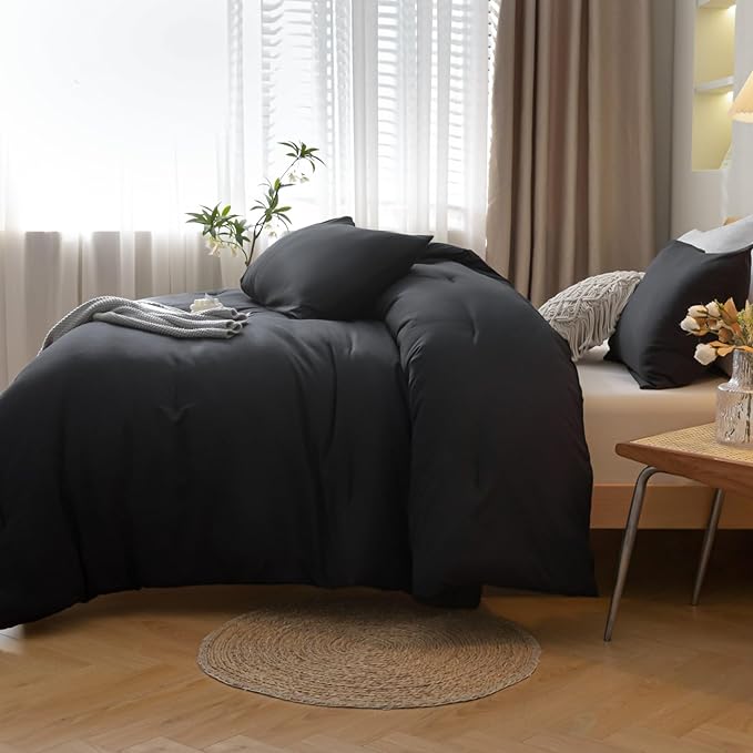 ROSGONIA Black Comforter Set Queen, 3pcs(1 Boho Black Comforter & 2 Pillowcases) All Season Bedding Lightweight Bedspread Blanket Quilt Bed Set - LeafyLoom