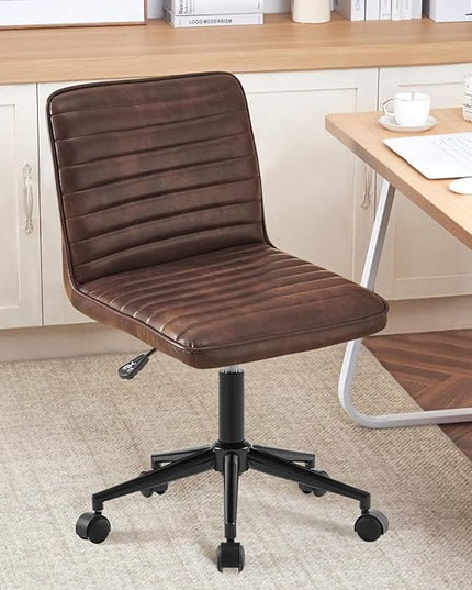 Furniliving Leather Home Office Chair, Armless Vanity Desk Task Chair with Wheels 360° Swivel Computer Rolling Desk Chair with Back, Adjustable Accent Chair with Base Stool - LeafyLoom