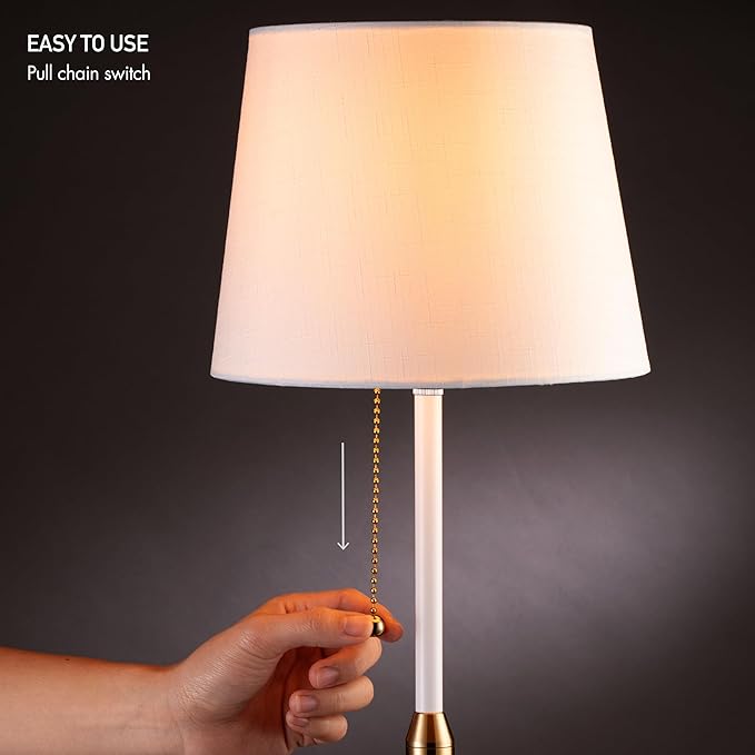 O'Bright Velum Floor Lamp - Elegant Linen Shade, Pull Chain Switch, Luxury Gold Handle, Modern Minimalist Design - Perfect for Living Room, Bedroom, Office - White - LeafyLoom