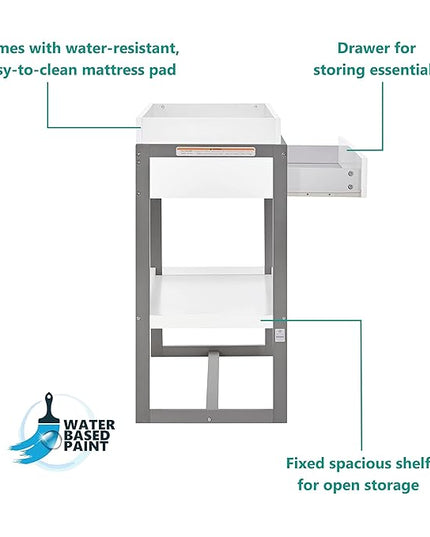 av2023-Dream nontoxic strap-3b688703 Arlo Changing Table, Made of Solid New Zealand Pinewood, Non-Toxic Finish, Comes with Water Resistant Mattress Pad & Safety Strap, Steel Grey And White - LeafyLoom