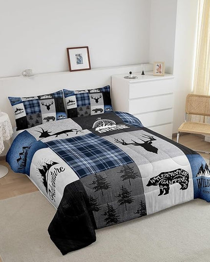 Deer Antler Bear Kids Comforter Set Twin Size,Hunting Adventure Bedding Set for Boys Girls Adults Room Decor,Geometric Plaids Patchwork Down Comforter,Rustic Farmhouse Duvet Insert,1 Pillowcase - LeafyLoom