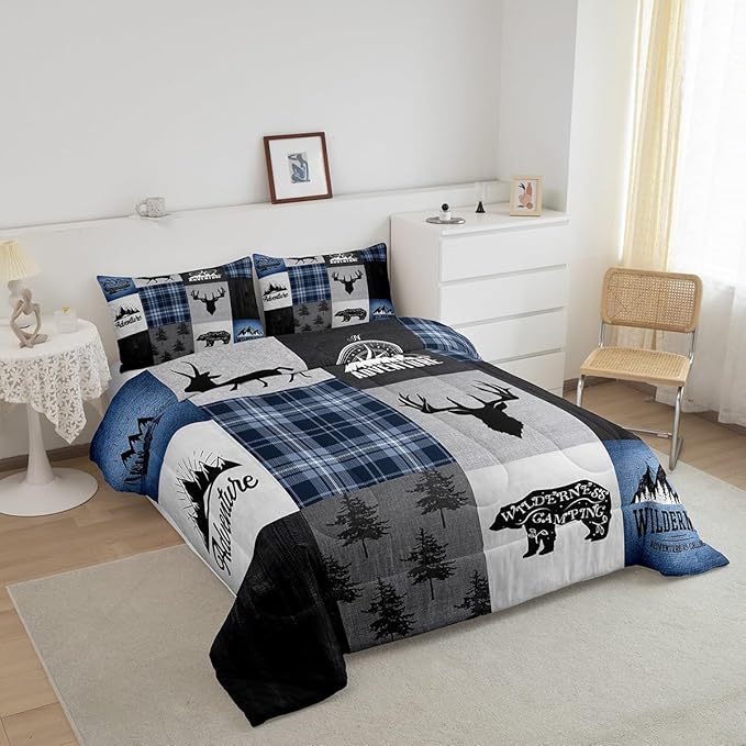 Deer Antler Bear Kids Comforter Set Twin Size,Hunting Adventure Bedding Set for Boys Girls Adults Room Decor,Geometric Plaids Patchwork Down Comforter,Rustic Farmhouse Duvet Insert,1 Pillowcase - LeafyLoom