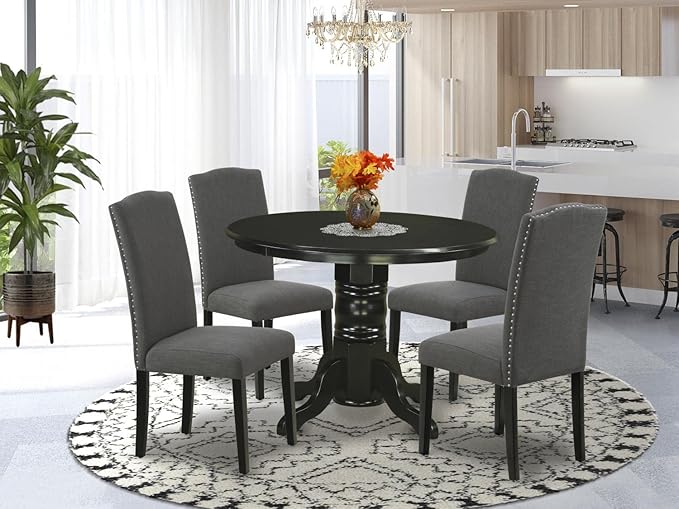 East West Furniture SHEN5-BLK-20 5 Piece Dining Room Set Includes a Round Kitchen Table with Pedestal and 4 Dark Gotham Linen Fabric Upholstered Chairs, 42x42 Inch - LeafyLoom
