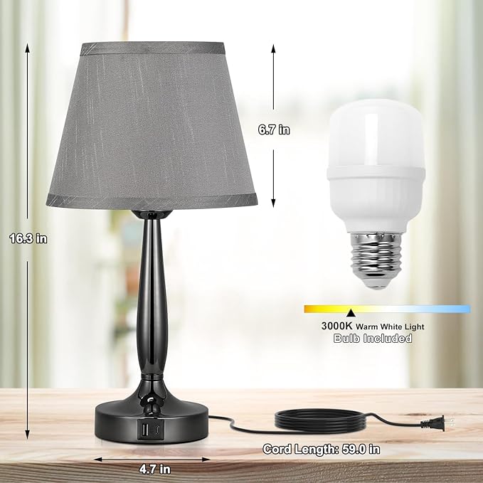 Kakanuo Touch Table Lamp for Bedroom, Small Bedside Lamp with USB C Charging Port, 3 Way Dimmable Touch Control Nightstand Lamp for Living Room and Office, LED Bulb Included - LeafyLoom