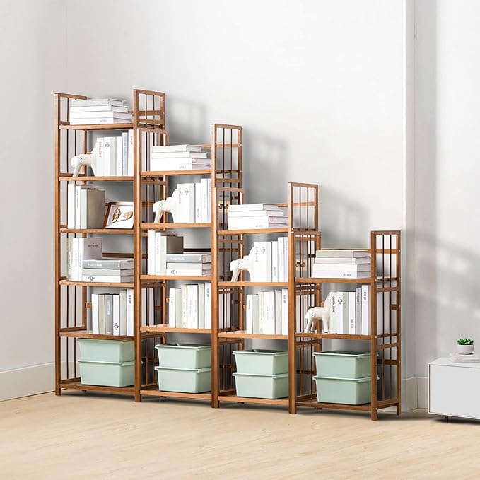 IOTXY Adjustable Bamboo Open Bookshelf - Small 6-Tier Tall Free Standing Storage Rack, Multifunctional Display Stand for Home and Office, Bookcase, Light Brown - LeafyLoom