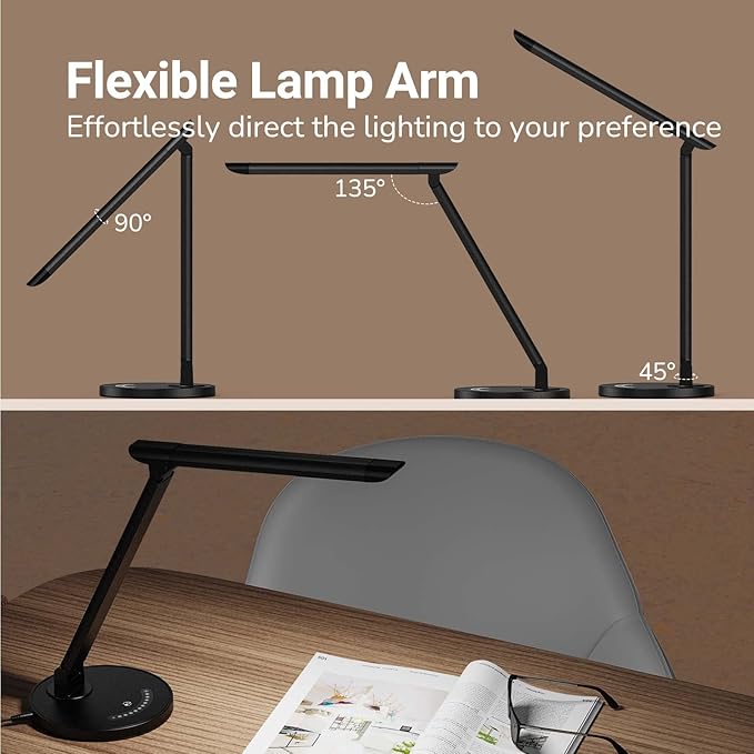 LED Desk Lamp, Eye-Caring Table Lamp with USB Charging Port, 35 Lighting Modes, Touch/Memory Function, Dimmable Reading Lamp Task Lamp Desk Lamps for Home Office (Black) - LeafyLoom