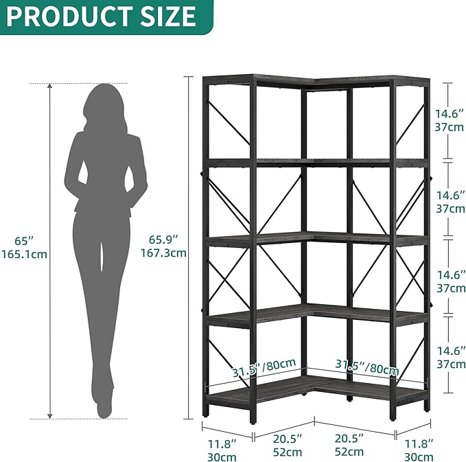 YITAHOME Corner Bookshelf, Industrial Corner Shelf 5 Tier Bookcase, Large Display Rack Storage for Bedroom, Living Room, Home Office,Charcoal Gray + Black - LeafyLoom