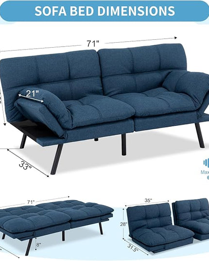 MUUEGM Futon Sofa Bed,Memory Foam Sofa Futon Couch Bed,Convertible 71" Couch Sofa,Faux Leather Sleeper Sofa with Adjustable Backrest for Living Room,Blue - LeafyLoom