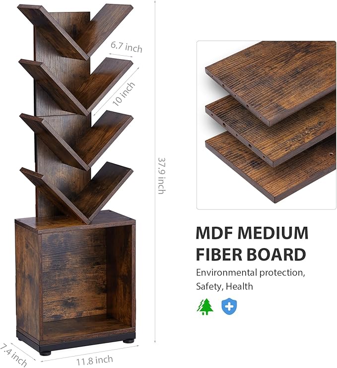 ruboka 5-Shelf Tree Bookshelf with Storage, 37.9-Inch Retro Floor Standing Bookcase Display for CDs/Magazine/Books, Small Bookshelf for Bedroom, Living Room, Office, Brown Storage Shelves - LeafyLoom