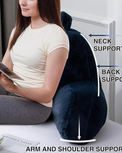 A Nice Night Faux Fur Soft Reading Pillow Bed Wedge Adult Backrest with Arms Back Support for Sitting Up in Bed/Couch for Bedrest,Navy,Large - LeafyLoom