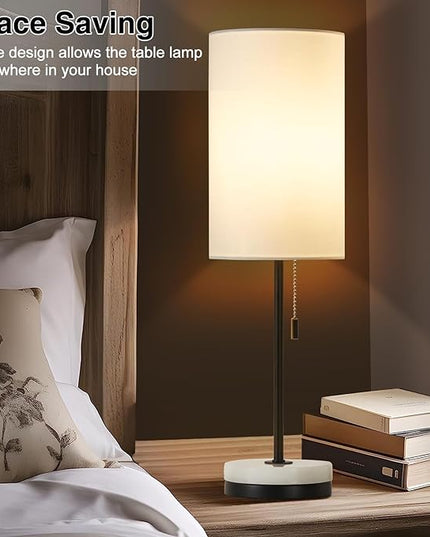 Luvkczc Minimalist Table Lamp Set of 2, Nightstand Lamp for Bedroom Living Room, Modern Pull Chain Bedside Lamp with Marble Base, Fabric Shade, Small Desk Lamp for Home, Office, Reading - LeafyLoom