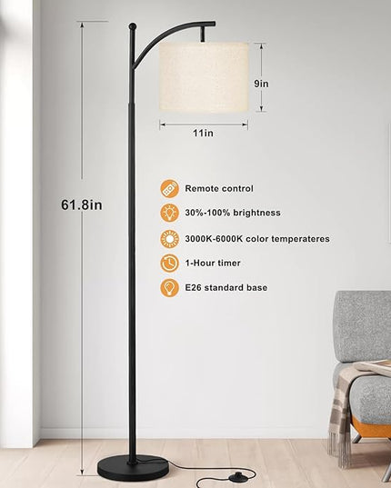 Ambimall Floor Lamp with Remote Control and Stepless Dimmable Bulb, Colors Temperature & Brightness Adjustable, Modern Floor Lamps for Living Room（Dark Beige Shade & Black Pole） - LeafyLoom