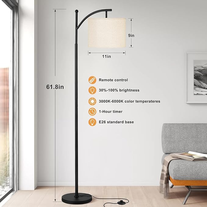 Ambimall Floor Lamp with Remote Control and Stepless Dimmable Bulb, Colors Temperature & Brightness Adjustable, Modern Floor Lamps for Living Room（Dark Beige Shade & Black Pole） - LeafyLoom