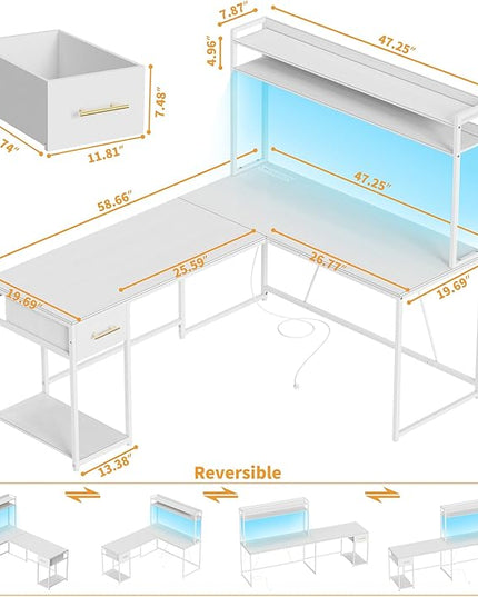 L Shaped Gaming Desk, Reversible L Shaped Computer Desk with Drawers, Led Lights & Power Outlets for Home Office White - LeafyLoom