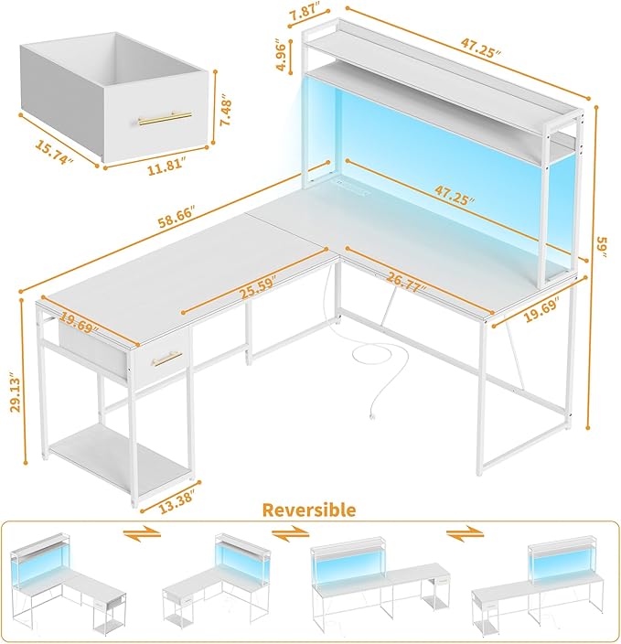 L Shaped Gaming Desk, Reversible L Shaped Computer Desk with Drawers, Led Lights & Power Outlets for Home Office White - LeafyLoom