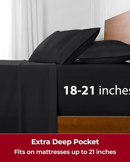 Mellanni Extra Deep Split King Sheets - 5 PC Iconic Collection Bedding Sheets & Pillowcases - Hotel Luxury, Ultra Soft, Cooling Bed Sheets - Extra Deep Pocket up to 21 inch (Split King, Black) - LeafyLoom