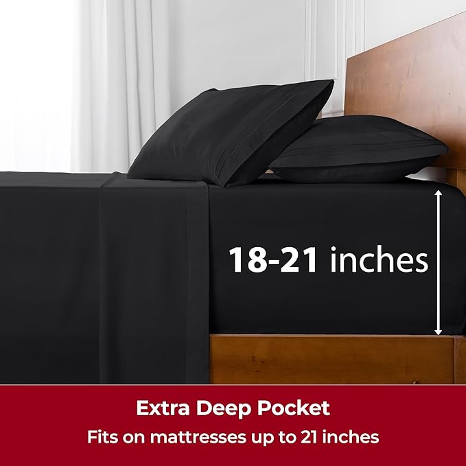Mellanni Extra Deep Twin XL Sheets - 3 PC Iconic Collection Bedding Sheets & Pillowcases - Hotel Luxury, Ultra Soft, Cooling Bed Sheets - Extra Deep Pocket up to 21 inch (Twin Extra Long, Black) - LeafyLoom