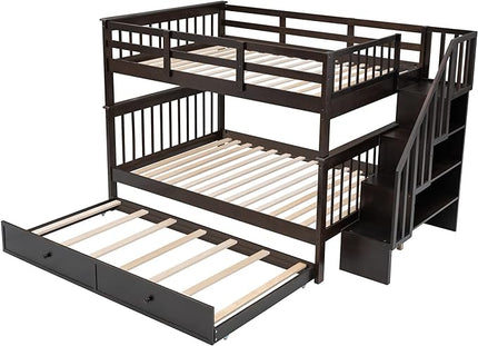 Stairway Bunk Bed Full Over Full with Twin Size Trundle and Stairs Storage, Wooden 3 Bedframe for Kids Teens Adults, Bedroom Furniture, can be Detachabled, Espresso - LeafyLoom