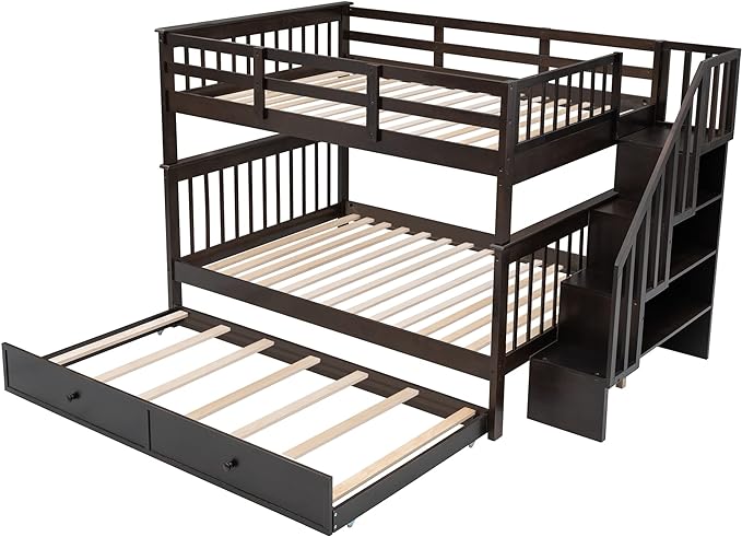 Stairway Bunk Bed Full Over Full with Twin Size Trundle and Stairs Storage, Wooden 3 Bedframe for Kids Teens Adults, Bedroom Furniture, can be Detachabled, Espresso - LeafyLoom