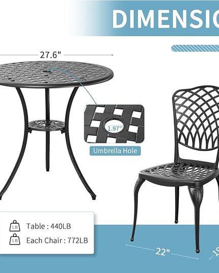 3 Piece Bistro Table Set Anti-Rust Outdoor Bistro Set Cast Alumiunm Patio Table and Chairs Set for 2, Patio Bistro Set Furniture Black - LeafyLoom