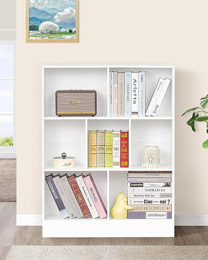 YAHARBO White 7 Cube Bookshelf,3 Tier Modern Horizontal Bookcase,Wooden Low Book Shelf Display Storage Cabinet with Base,Floor Standing Short Bookshelves Open Organizer for Bedroom,Living Room,Office - LeafyLoom