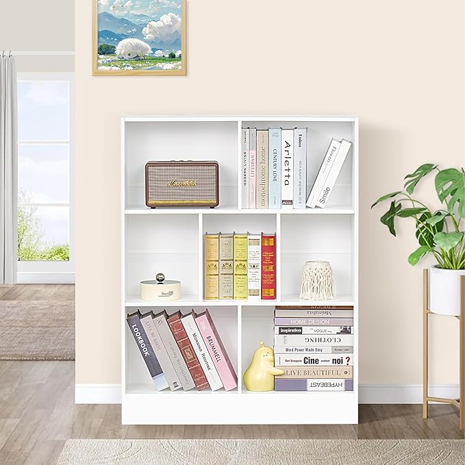YAHARBO White 7 Cube Bookshelf,3 Tier Modern Horizontal Bookcase,Wooden Low Book Shelf Display Storage Cabinet with Base,Floor Standing Short Bookshelves Open Organizer for Bedroom,Living Room,Office - LeafyLoom
