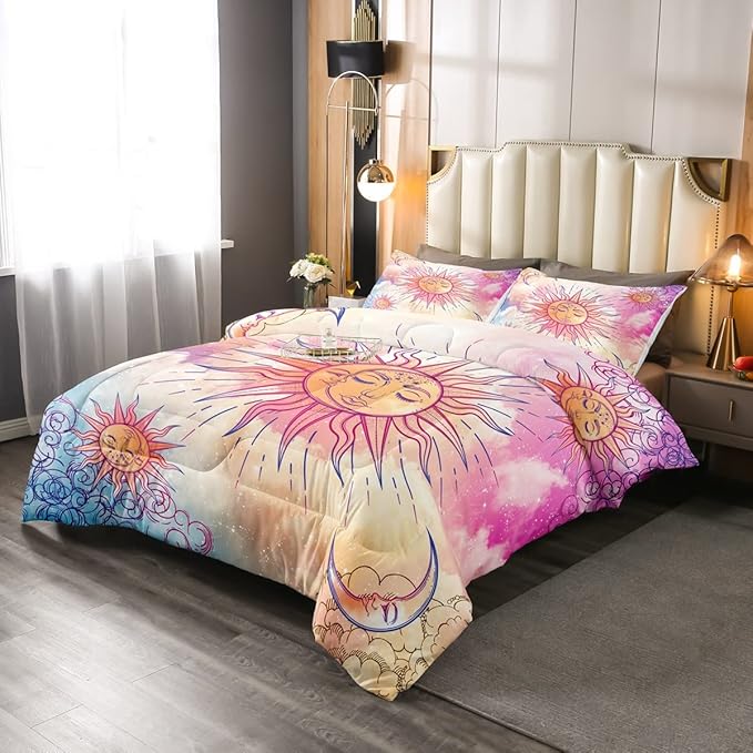 Sun and Moon Comforter Set Full Stars Constellation Galaxy Bedding Set,Pink Blue Pastel Clouds Tie Dye Comforter For Kids Girls Women Boho Hippie Psychedelic Celestial Astrology Quilt Duvet Set 3 Pcs - LeafyLoom