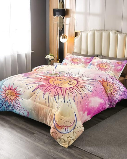 Sun and Moon Comforter Set Queen Stars Constellation Galaxy Bedding Set,Pink Blue Pastel Clouds Tie Dye Comforter For Kids Girls Women Boho Hippie Psychedelic Celestial Astrology Quilt Duvet Set 3 Pcs - LeafyLoom