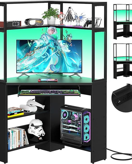 Cyclysio Small Corner Desk with Hutch, Heavy Duty Corner Computer Desk with Power Outlets & LED Light, Triangle Corner Gaming Desk with Keyboard Tray for Home Office, Small Space, Workstation Black - LeafyLoom